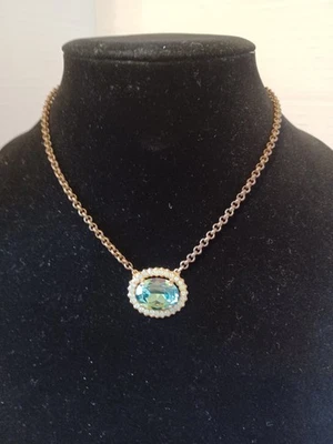 Catherine Popesco France copper tone chain with pale blue & green crystals. - Image 1 of 4