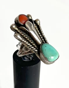 VTG Navajo Sterling Silver Turquoise Coral Squash Blossom Size 7 Ring 9.8 Grams - Picture 1 of 9