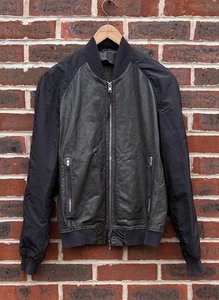All Saints Mens NASH Leather Bomber Jacket XS GREY Extra Small Biker Nylon - Picture 1 of 19