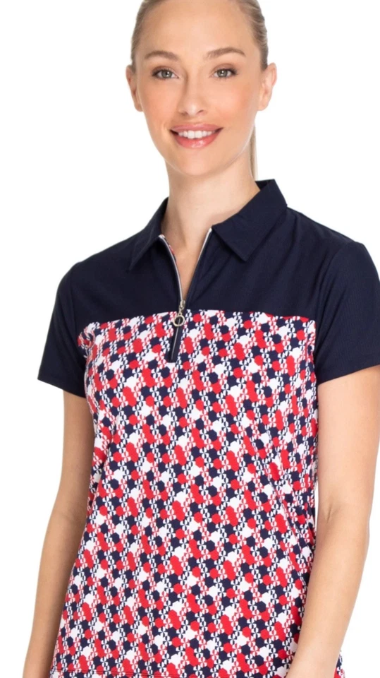 Polo de golf deportivo Haley patrón geométrico cuarto cremallera azul marino rojo blanco mediano Foto 1 de 4