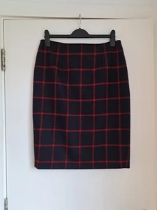 HOBBS Wool Pencil Skirt UK12 Check Tweed Navy Red Tiny Hole Unnoticeable Lined - Picture 1 of 17