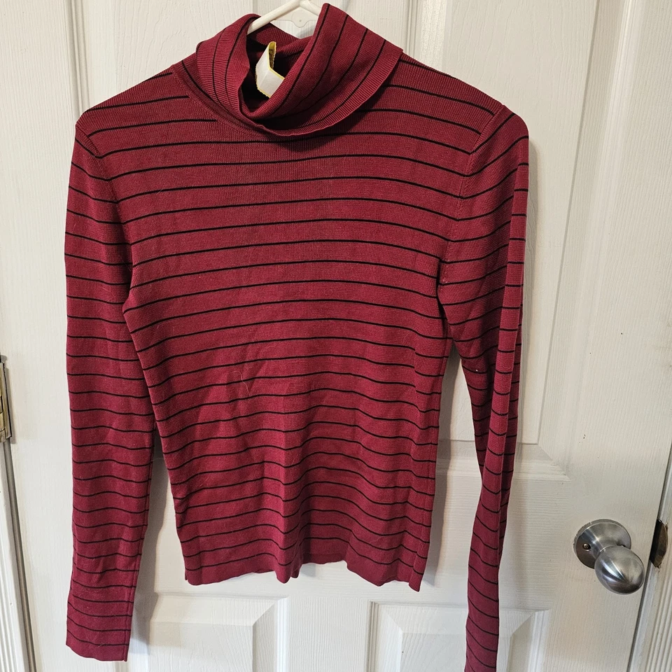 Suéter Ann Taylor Cuello Alto Rojo Negro Rayas 75% Seda Talla XS Old Mo Foto 1 de 4