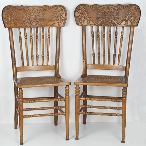 Oak Carved Wood High Back Dining Chair w/Cane Seat Set of 2 Cover
