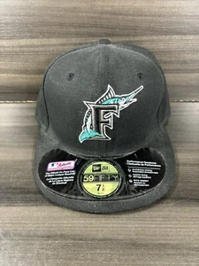 New Era Florida Marlins 59Fifty Cool Base Fitted Hat MLB Black On Field OG 7 1/8 - Picture 1 of 9