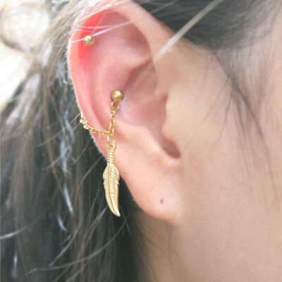 Feather conch chain earring conch hoop earring Helix cartilage earring gold 1pc - Image 1 of 4