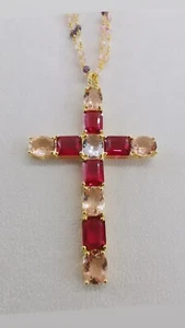 Collana Donna pendente croce in argento dorato e ottone con cristalli e corallin - Foto 1 di 2