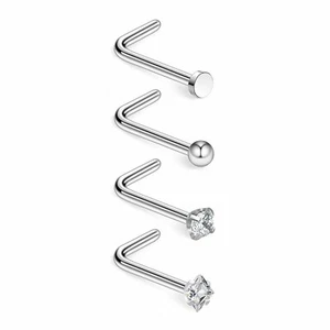 4PCS Surgical Steel CZ L-Shaped Ear Nose Stud Flat Ball Body Ring Piercing 20G - Picture 1 of 14