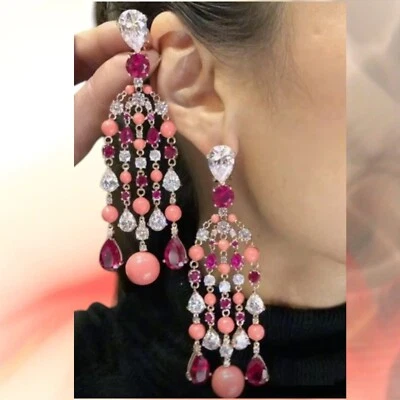 Lab-Created White 8.2CT Diamond Coral & Ruby Beautiful Chandelier Earring Silver - Image 1 of 4