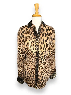 DOLCE GABBANA Lentejuelas Ribete Snap-Up Camisa Chaqueta Estampado Animal Marrón Talla 42 EE. UU. M/6 Foto 1 de 4