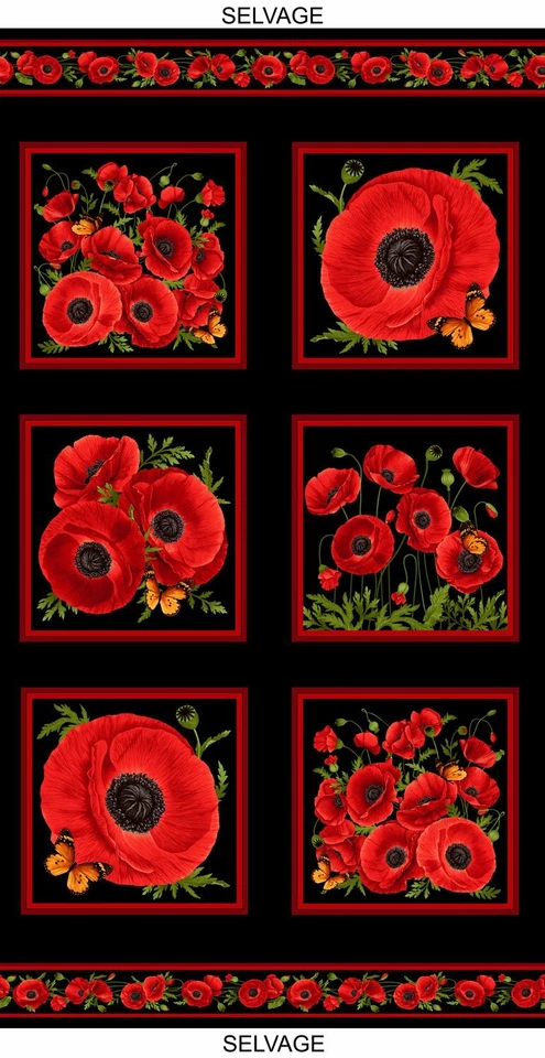 Red Poppy Flowers Fabric Chong A Hwang Cotton Timeless Treasures C8470 24" Panel - Image 1 of 1