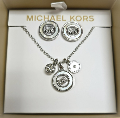 MICHAEL KORS SET DI COLLANA E ORECCHINI ARGENTO CRISTALLO DISCO PAVÈ MK MOP MKJ7916