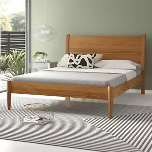 Brown Finish Pine Wood Mid-Century Style King Size Panel Bed - Picture 1 of 9