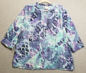 BonWorth Top Women’s Small S Ikat Abstract ¾ Sleeve Blouse Button Up Shirt Woven - Picture 1 of 10
