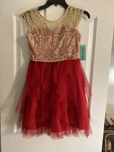 Tween Diva Girls Size 14 Sparkly Gold Lace Top Red Chiffon Skirt Dress NWT - Picture 1 of 11
