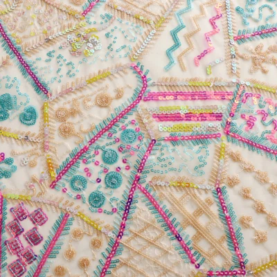 Multicolor Geometric Sequin Fabric Embroidered Mesh Shiny Bling Sewing Dress Top - Image 1 of 4