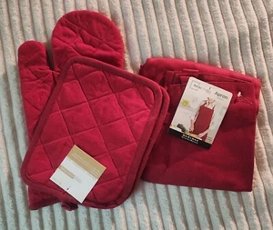 Accessori Cucina Casale Grembiule Rosso Guantoni Forno - Foto 1 di 3