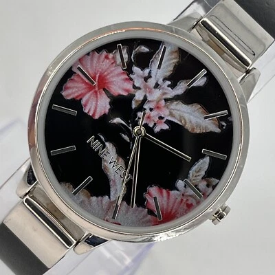 Nine West Womens Watch Round Black Pink Flower Print Dial Black Band NEW BATTERY - Image 1 of 4