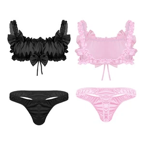 Men's Sissy Satin Frilly Ruffled Lingerie Set Bra Tops with Knickers Crossdress - Picture 1 of 24