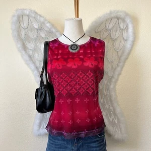 90s Y2K Floral Mesh Tank Top Hibiscus Summer Red Pink Indie Grunge Surfer Girl - Picture 1 of 8
