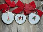 Vintage Lot of 3 Christmas Handmade Cross Stitched Heart Ornaments