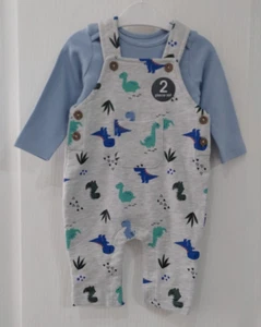 Peacocks Baby Boys 0-3 Months Grey Dinosaur Dungarees & Bodysuit 2 Piece Outfit - Picture 1 of 7