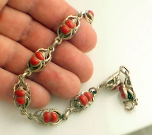 Vintage Elegant Rare Sterling Silver Coral Highly Detailed Scarab Link Bracelet - Picture 1 of 6