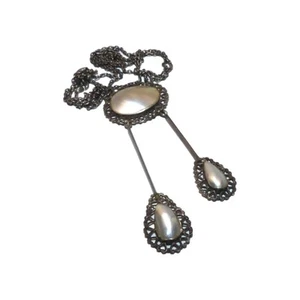 DEUTSCHES KUNSTHANDWERK BLISTER PERLE & SILBER TROPFEN HALSKETTE KLEINE HERZEN um 1910 - Bild 1 von 11