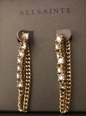 All Saints 金色垂坠链前背吊坠耳环水晶全新带标签盒 — 第 1/4 张图片