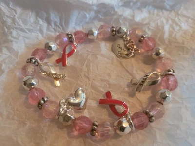 Avon Breast Cancer Crusade Ribbon Charm Bracelet Pink Silvertone Ribbons~Stretch - Image 1 of 4