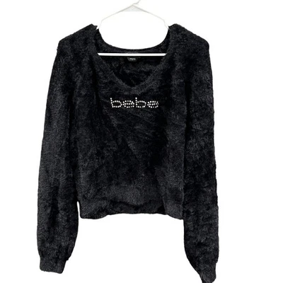 Bebe Women's Sz L Black Fuzzy Logo Sweater Rhinestone Script Y2K Cozy Aesthetic - Image 1 of 4