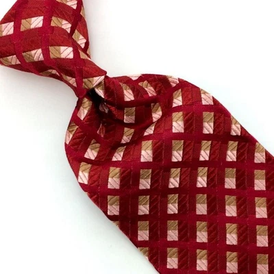 Ermenegildo Zegna Italy Tie Jacquard Red Gold Checkered Luxury Necktie Silk  - Image 1 of 4