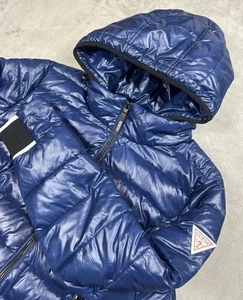 Guess Puffer Jacket Mens Large Blue Glossy Quilted Zip Up Shiny Hooded Insulated - Picture 1 of 20