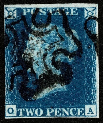 2d Blue 1840 STAMP Victoria SG5 PL2 OA bold black MX 3 GOOD MARGINS very good - Image 1 of 4