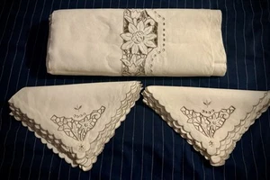 Azores Madeira Embroidered Cutwork Lace Floral Linen Tablecloth 114”x70” Napkins - Picture 1 of 5