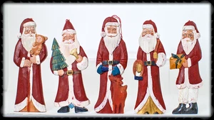 Whispering Pines 6" Wooden Santa Ornaments – Set of 5 NOS • Showroom Sample - Picture 1 of 7