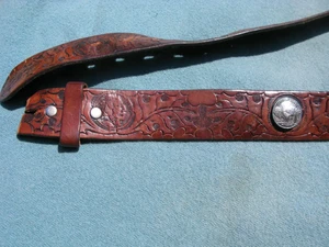Vintage Leather Belt Mens 37" Brown Buffalo Nickel Western Beaded USA  WONDERFUL - Picture 1 of 7