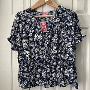 Coco & Shay dunkelblau weiß Blumenmuster Kurzarm elastische Taille Damengröße 2X - Bild 1 von 7