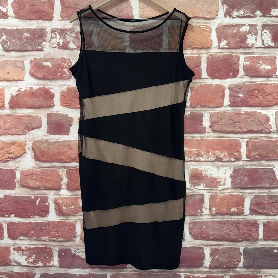 Vestido R&M Richards para mujer 12P negro tostado rayas abstracto malla transparente cremallera Foto 1 de 4