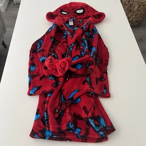 Spider-man Printed Hooded Bathrobe Boys Sz 8/10 Red Fleece Warm Excellent - Picture 1 of 2
