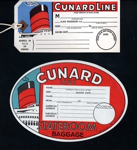 2 Unused & Original 1950s-60s Cunard Baggage Tags w/ QUEENS' Funnel - Excellent - Picture 1 of 2
