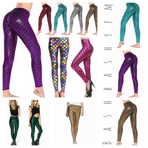 Women's Ladies Kids Mermaid Fish Scale Slim Fit Shiny Disco Metallic Leggings - Picture 1 of 15