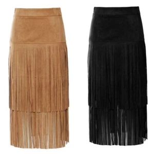 Lady Faux Suede Fabric Midi Skirt Tassel Side Zip Straight Pencil Streetwear - Picture 1 of 12