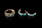 2 VINTAGE COLLECTION OF TURQUOISE SILVER HOOP EARRINGS MARCASITE BAND RING  MR
