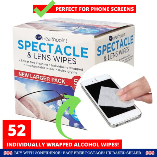 SCREEN WIPES 52 Individually Wrapped ALCOHOL Phone Cleaning Wipes Glasses Camera