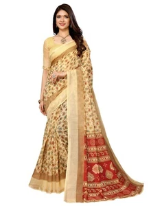 New Cotton Linen Saree With Unstitched Blouse Piece Party Festive Wear For Women - Picture 1 of 1