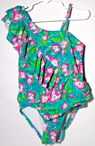 Janie and Jack size 6 swimsuit tropical print 1-piece cold shoulder w/ruffles - Picture 1 of 5