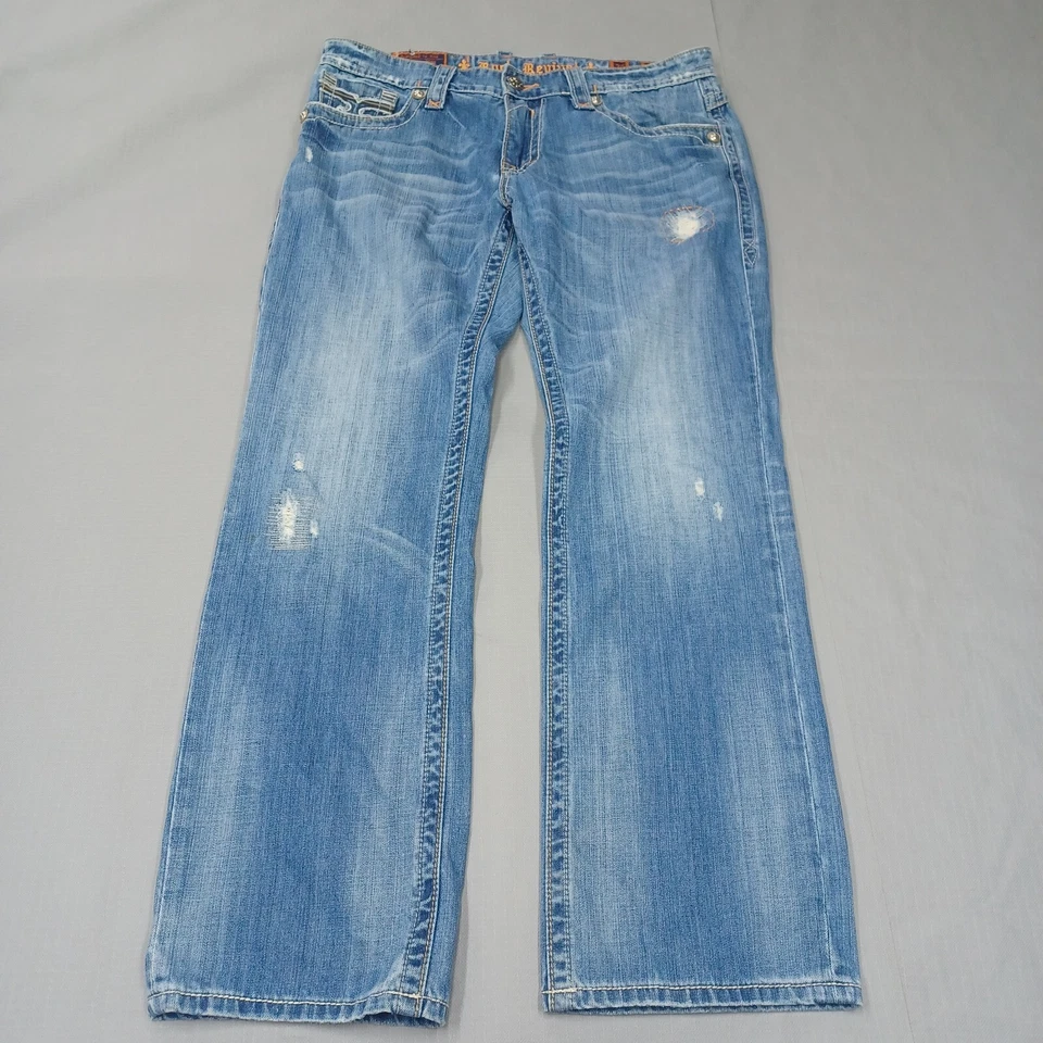 Rock Revival Jeans Men 36x34 Jimi Fleur-de-lis Distressed Straight Blue Stitched - Image 1 of 4
