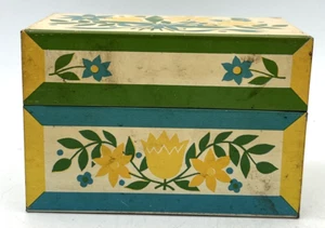 Vintage Metal Recipe Box Yellow Turquoise Floral Syndicate 5.25 X 3.25 X 3.25 - Picture 1 of 7