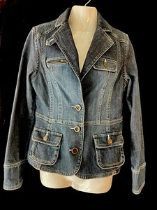 Denim Jean Jacket Size 6 Rivet Buttons Front Pockets Botton Front Collar Peplum - Picture 1 of 9