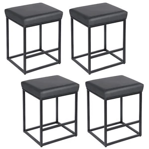 Set Of 4 Backless Bar Stools PU Leather Stools For Kitchen Counter Black Seats - Picture 1 of 24